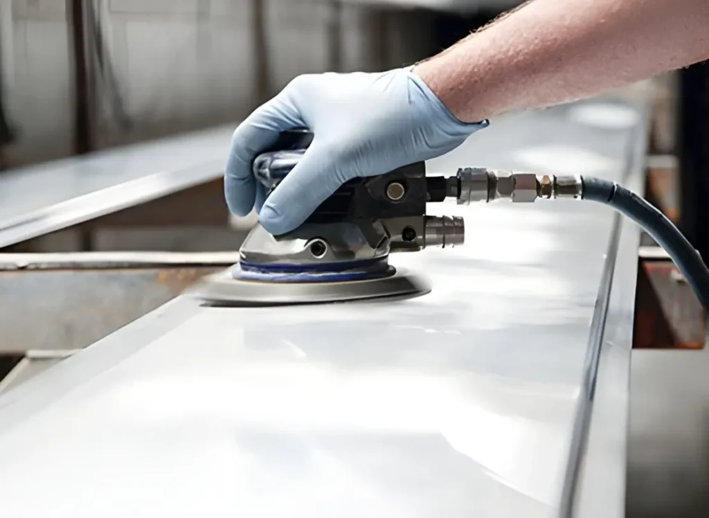 A worker buffs a metal surface