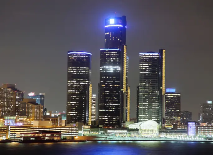 The Detroit skyline at night