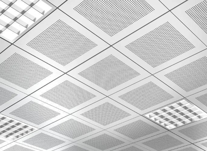 Metal grates line a ceiling.