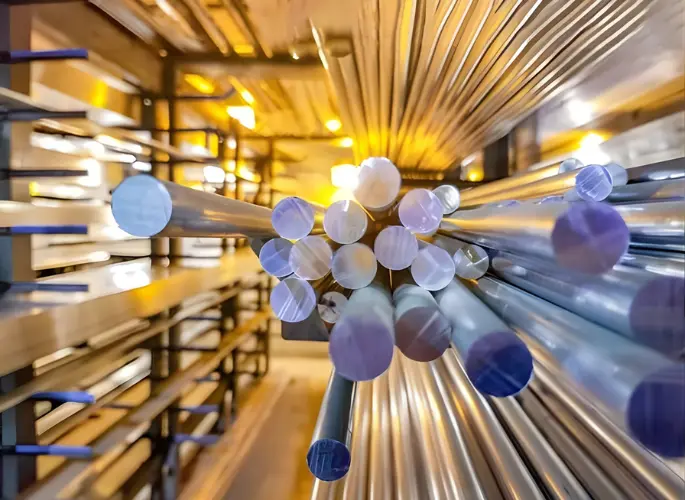 Several round rod extrusions are stacked on a shelf.