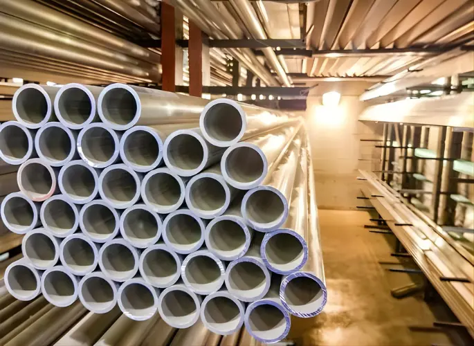 Several round tube extrusions rest on a shelf.
