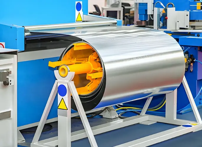 Metal sheeting is pulled into a roll.