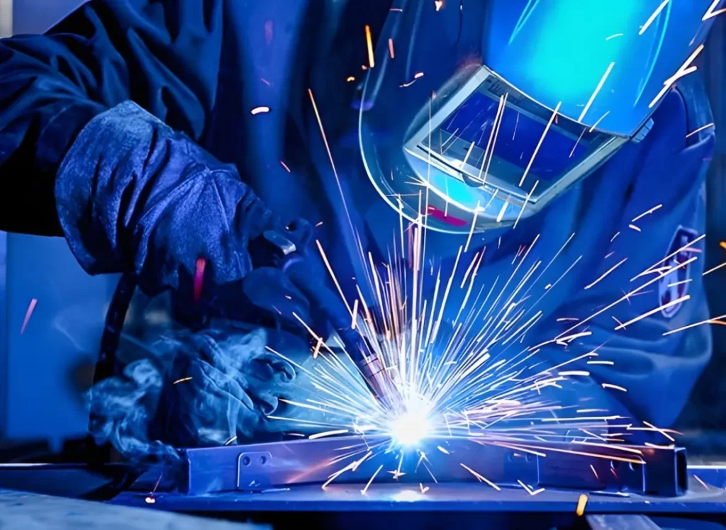 A worker welds a metal assembly.
