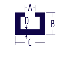 A diagram of a dimensional glass channel shows the sides labeled B, the gap labeled A, the width labeled C, and the thickness labeled D.