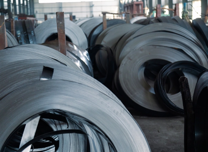 Several coils of cold-rolled steel sheet rest in a warehouse.